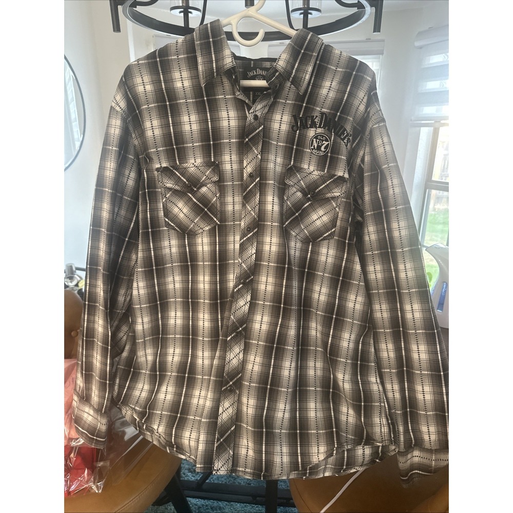 Jack Daniels Pearl Snap Shirt Mens Sz XXL Black Gray Plaid 100% Cotton Rodeo